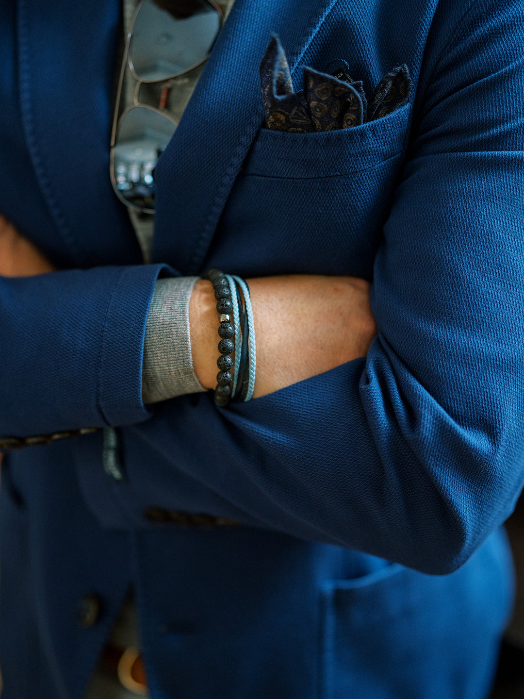 Tateossian Fettuccine Multi-Strand bracelet in Italian navy leather with black rhodium plated sterling silver