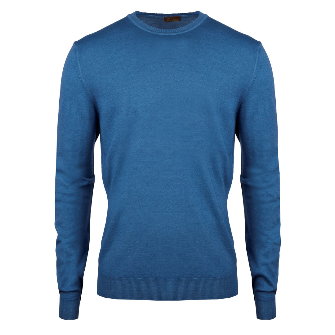 Stenströms Blue Garment Dyed Merino Wool Crew Neck