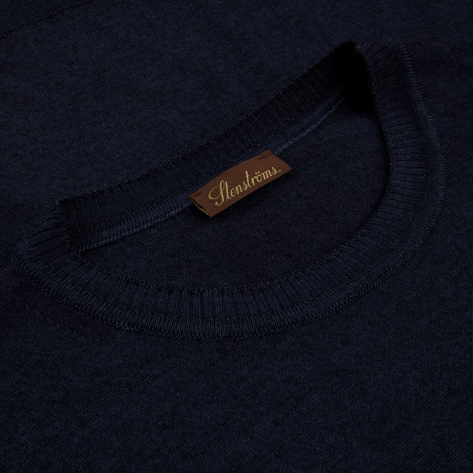 Stenströms Navy Garment Dyed Merino Wool Crew Neck