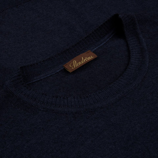 Stenströms Navy Garment Dyed Merino Wool Crew Neck