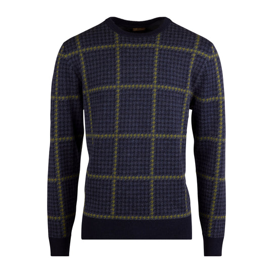 Stenströms Navy Houndstooth Jacquard Merino Wool Crew Neck
