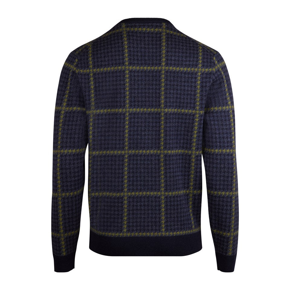 Stenströms Navy Houndstooth Jacquard Merino Wool Crew Neck