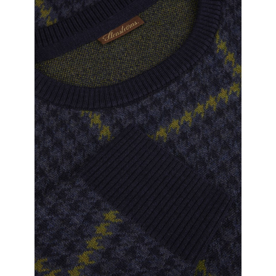 Stenströms Navy Houndstooth Jacquard Merino Wool Crew Neck