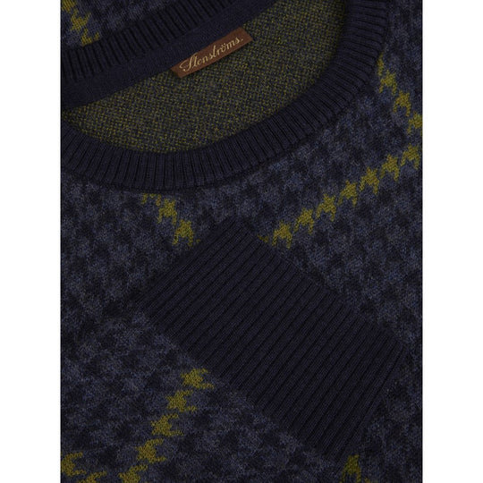 Stenströms Navy Houndstooth Jacquard Merino Wool Crew Neck