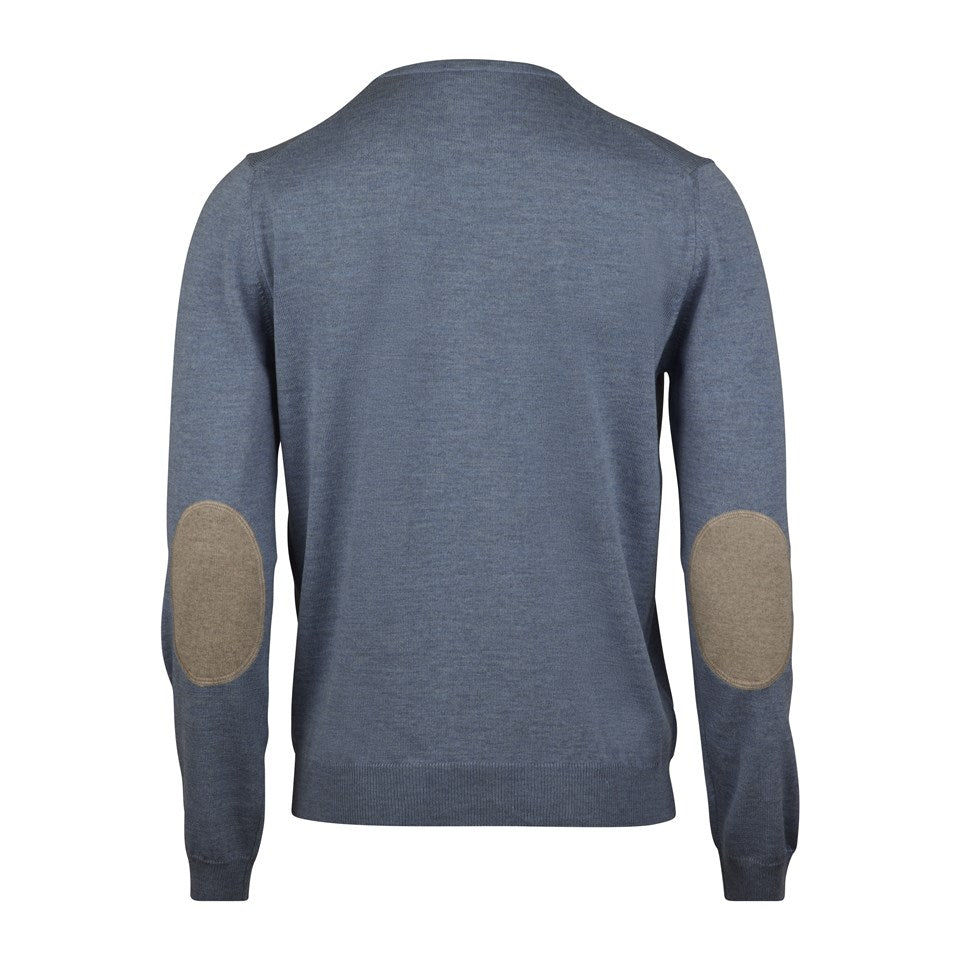 Stenströms Blue Merino Crew Neck With Elbow patch