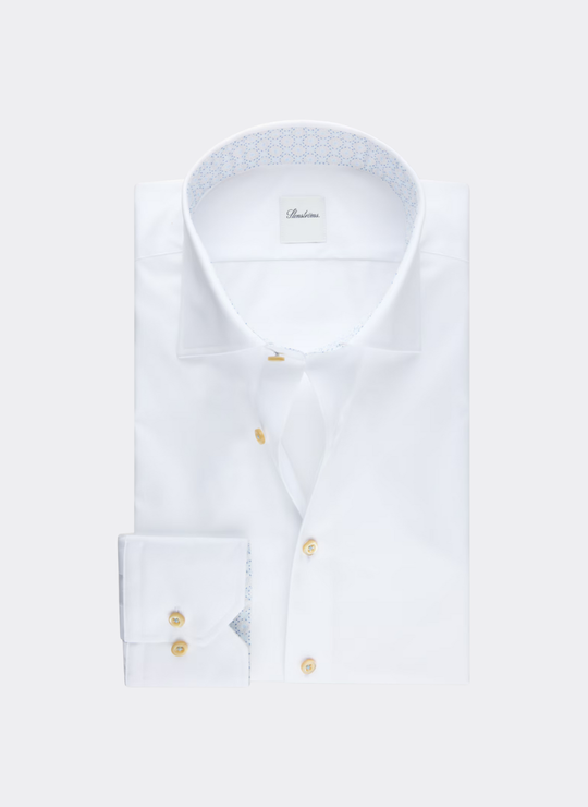 Stenströms White Twill Shirt with Floral Contrast Collar