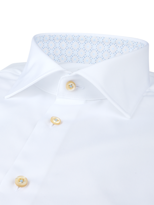 Stenströms White Twill Shirt with Floral Contrast Collar