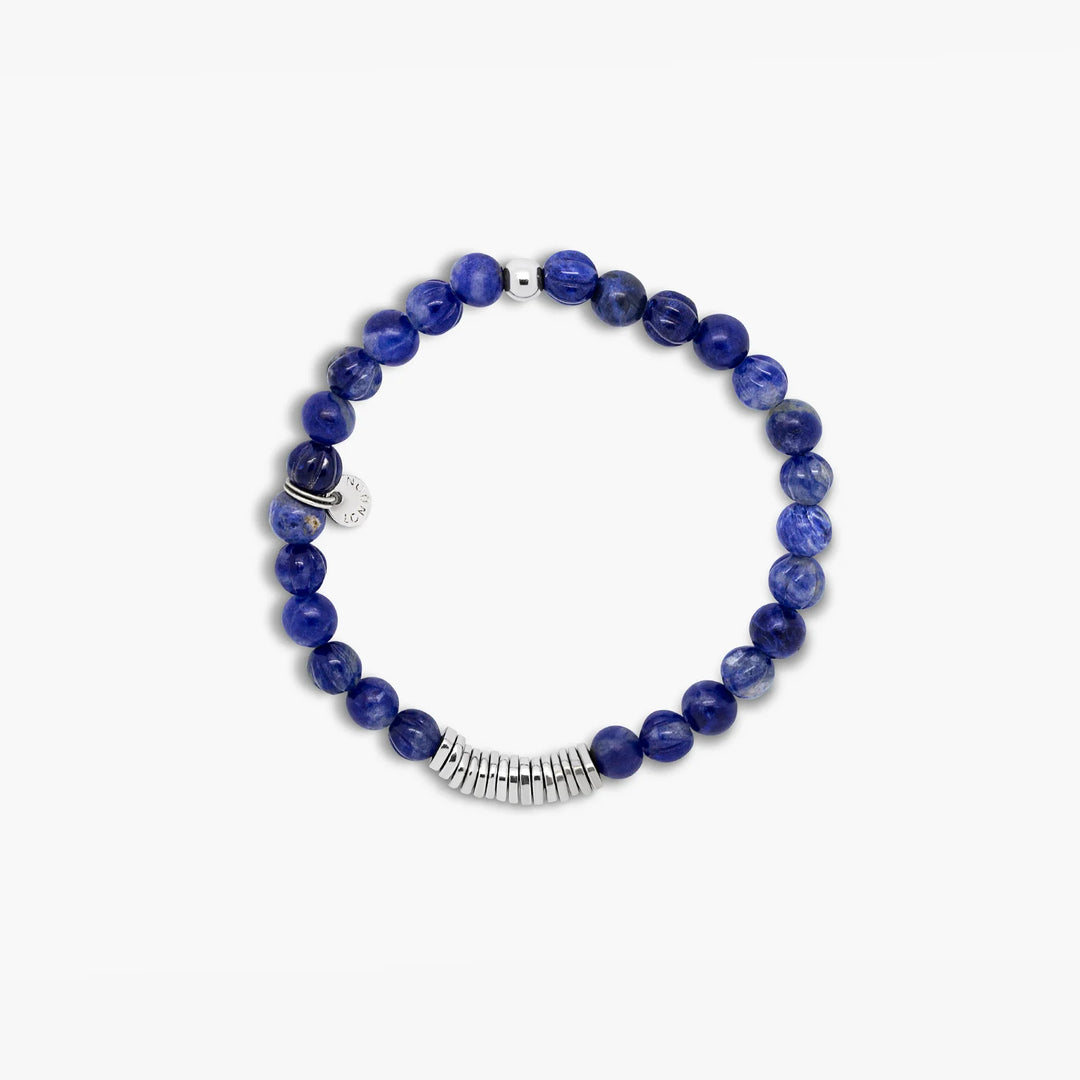 Classic Discs Beaded Bracelet In Blue Sodalite With Rhodium Plated Sterling Silver