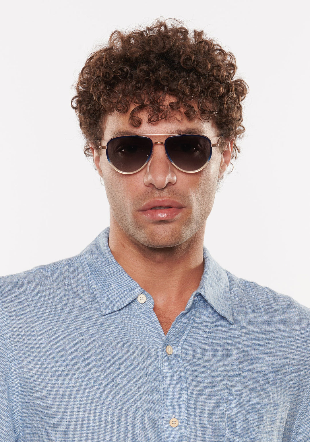 Krewe Coleman Sunglasses In 18K + Matte Indigo Fade + Gravity