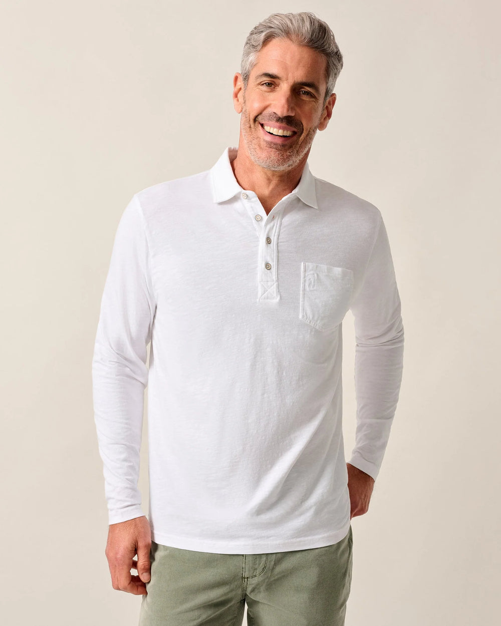 Johnnie-O Coastal Wash Long-Sleeve Original 4-Button Polo In White