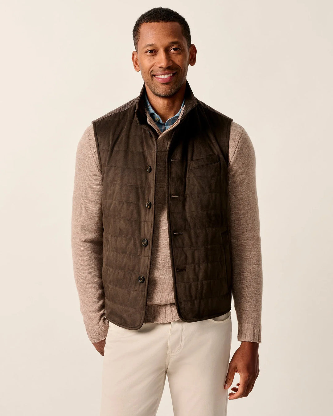 Johnnie-O Corde Top Shelf Faux Suede Quilted Vest In Coffee