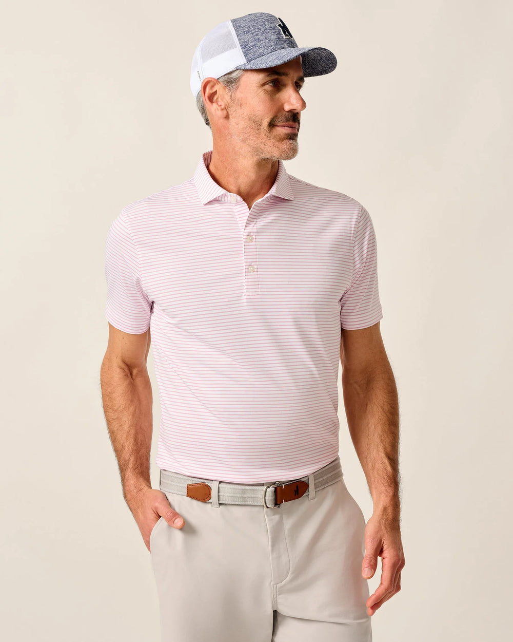 Johnnie-O Michael Stripe Performance Jersey Polo In White/Azalea