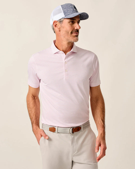 Johnnie-O Michael Stripe Performance Jersey Polo In White/Azalea