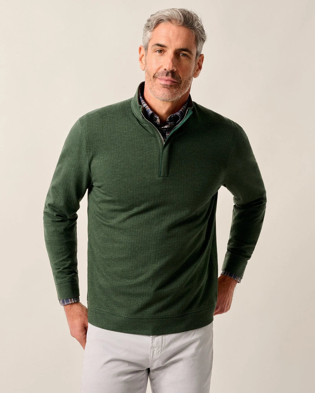 Johnnie-O Rubin Herringbone Cotton Cashmere 1/4 Zip Pullover In Moss