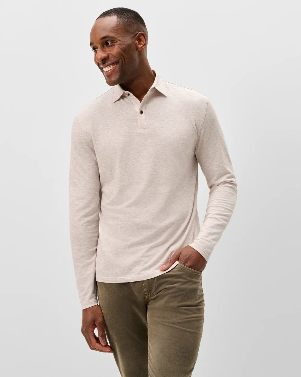 Long Sleeve Slub Pique Polo In Light Khaki