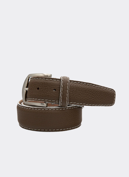 French Pebble Grain Belt - Mocha w/ White Stitch
