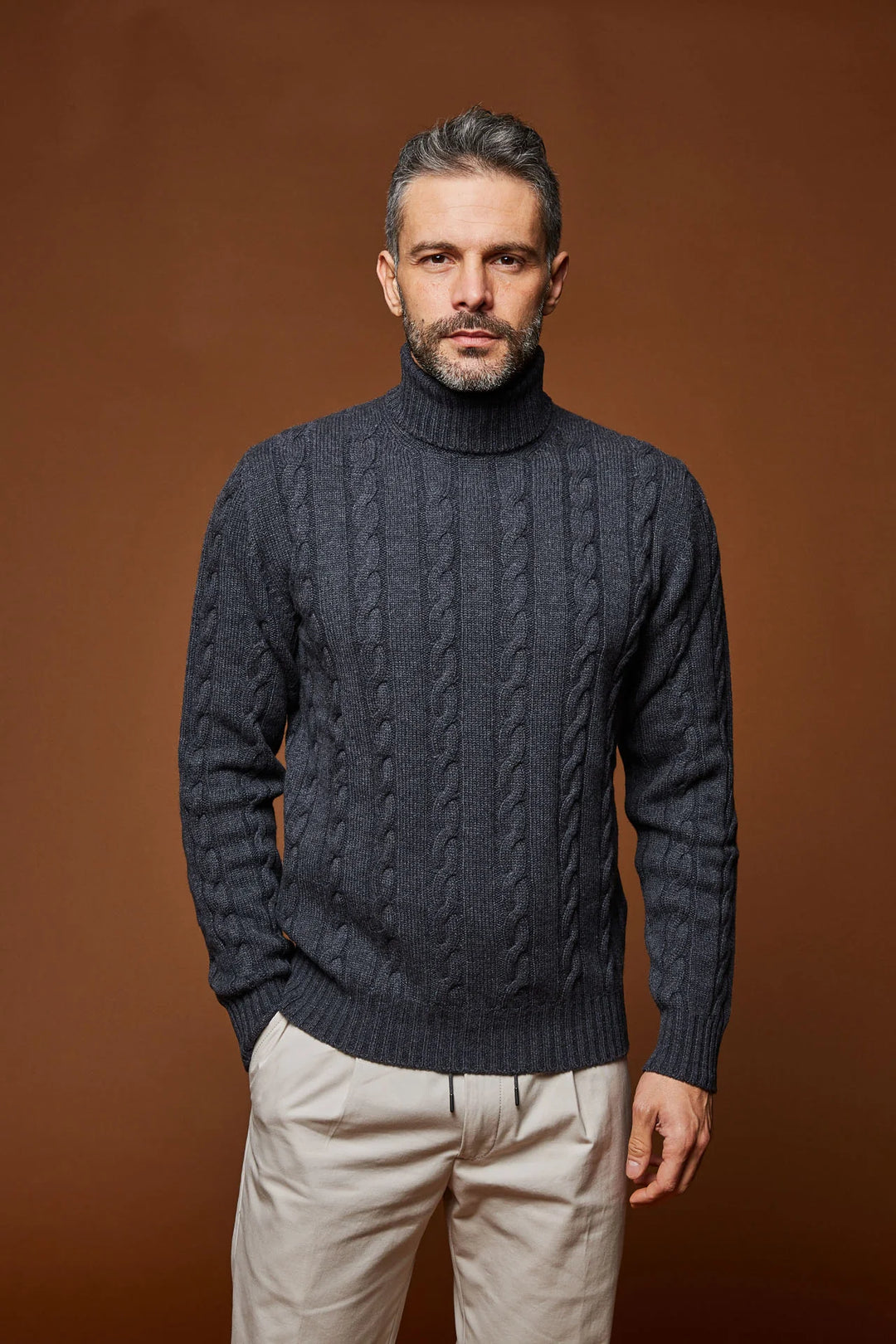 Luciano Barber Grey Cable Knit Turtleneck Sweater