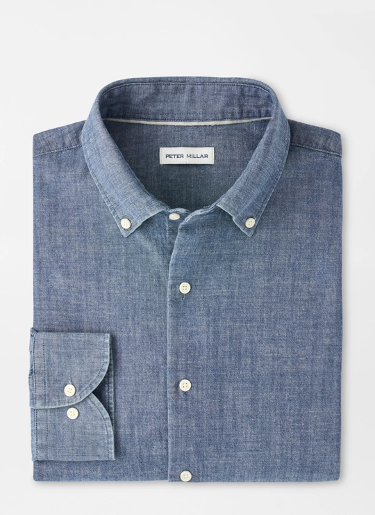 Devonport Chambray Cotton-Stretch Sport Shirt in Indigo