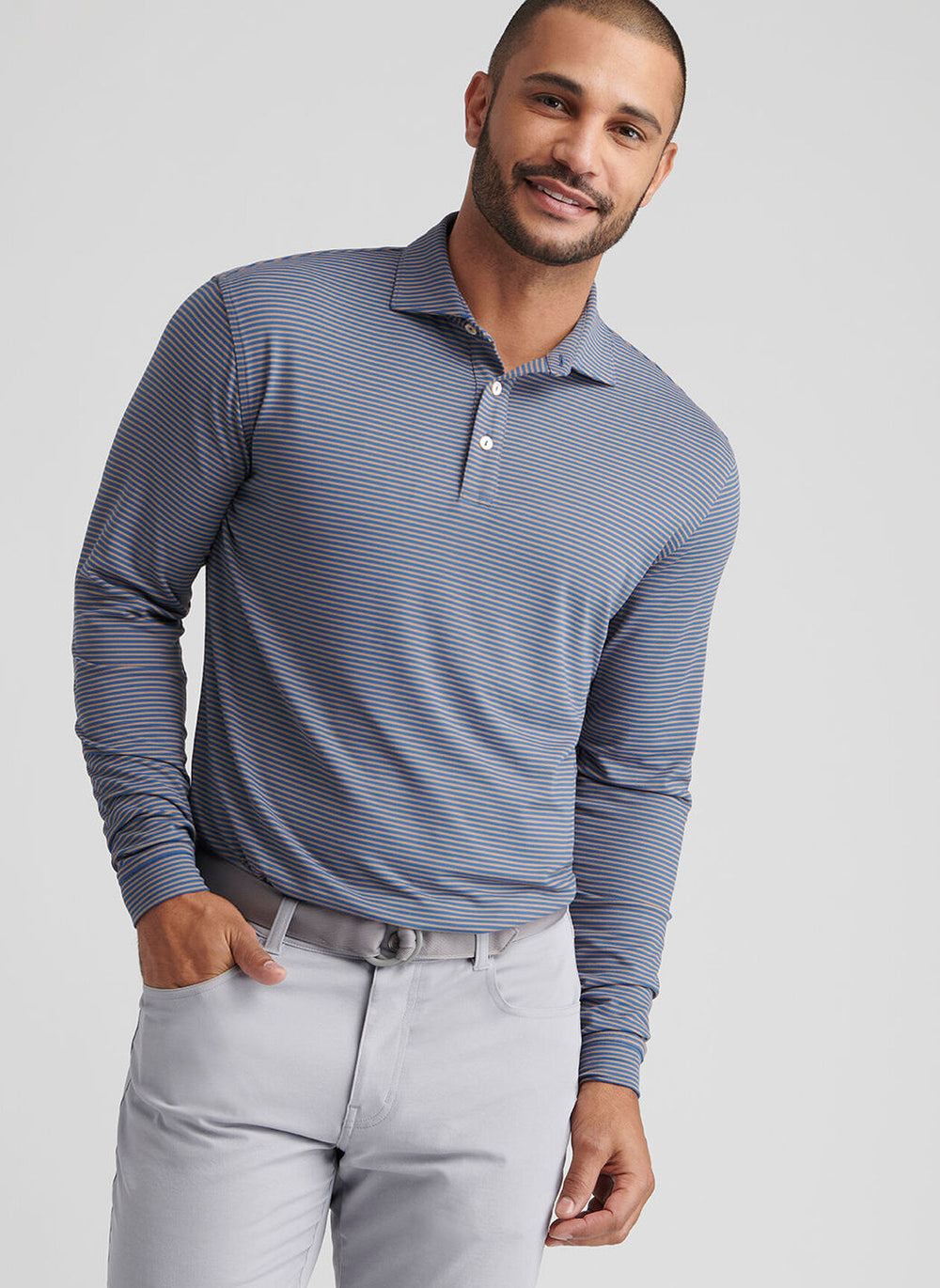 Peter Millar Lyons Stripe Performance Jersey Long-Sleeve Polo In Blue Haze