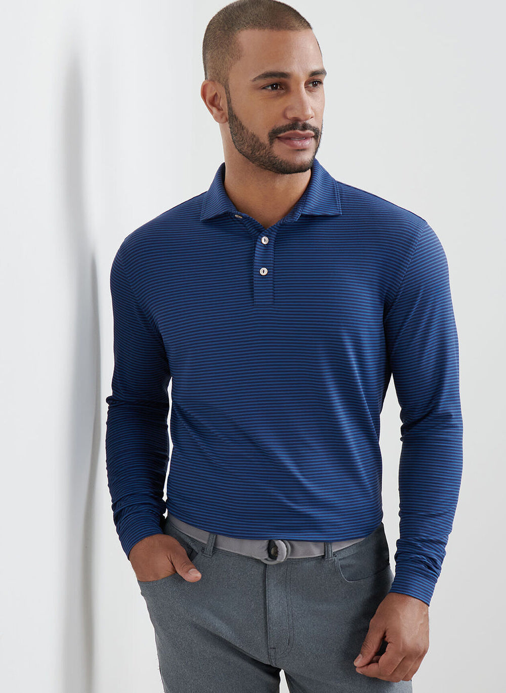 Peter Millar Lyons Stripe Performance Jersey Long-Sleeve Polo In Navy