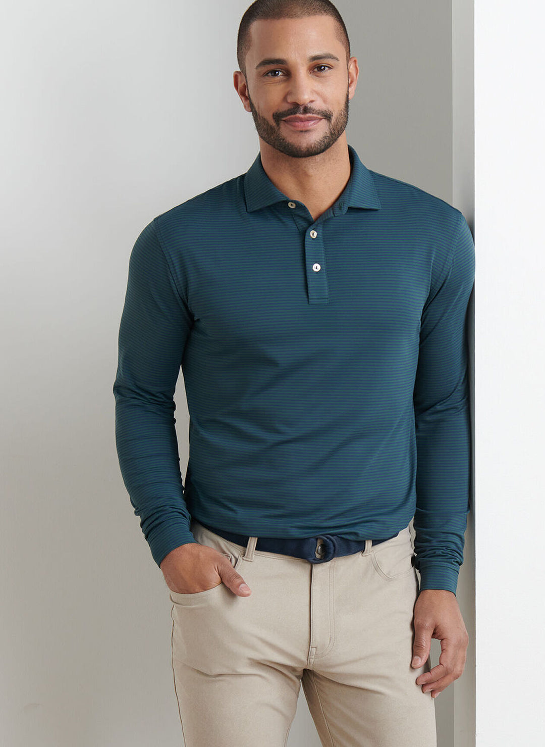 Peter Millar Lyons Stripe Performance Jersey Long-Sleeve Polo In Nordic Pine