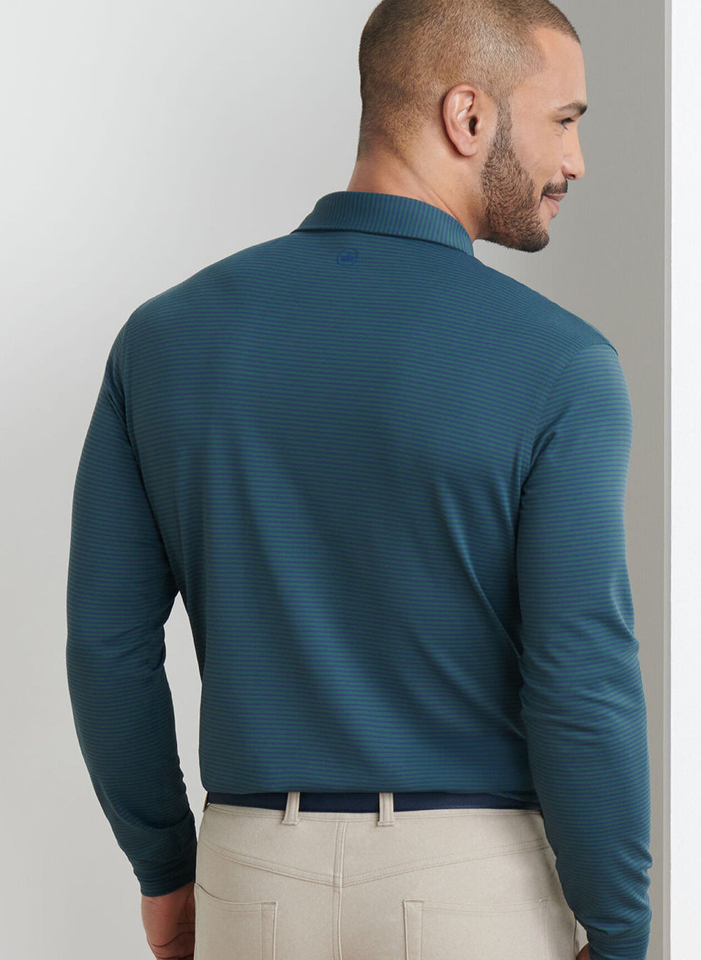 Peter Millar Lyons Stripe Performance Jersey Long-Sleeve Polo In Nordic Pine