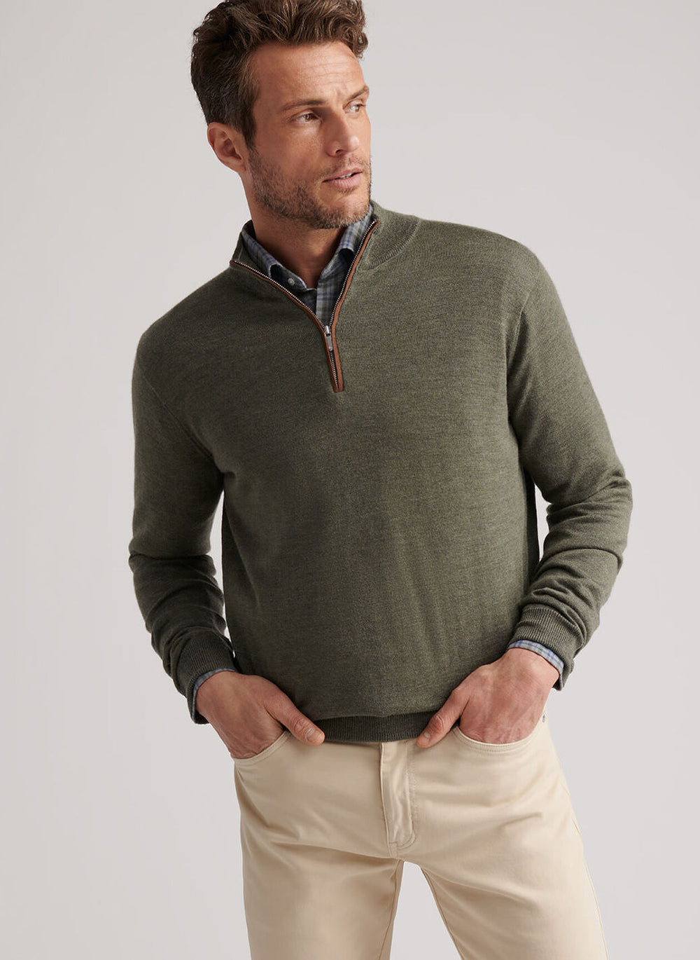 Peter Millar Autumn Crest Suede Trim Quarter-Zip In Basil