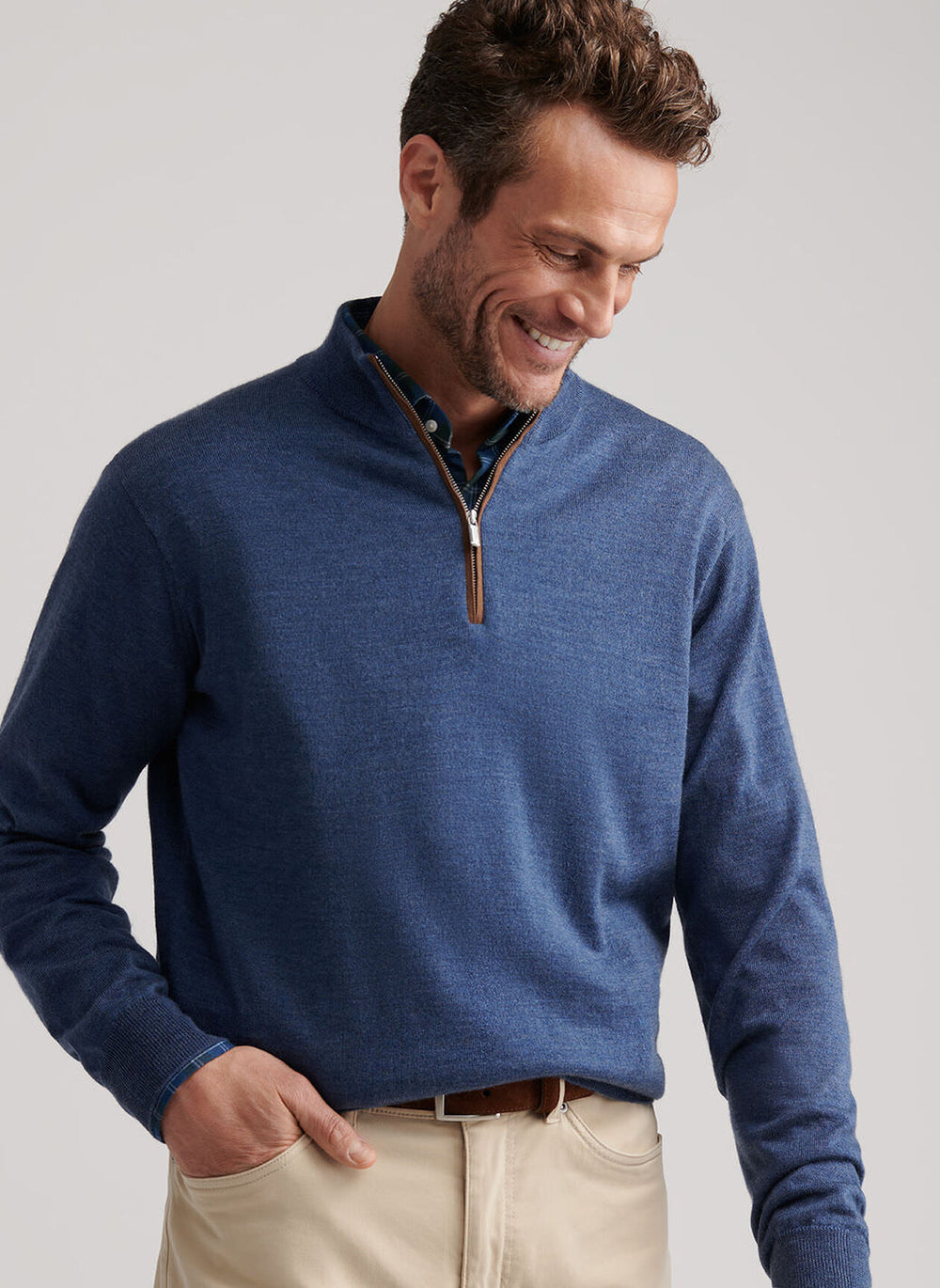 Peter Millar Autumn Crest Suede Trim Quarter-Zip In Blue Haze