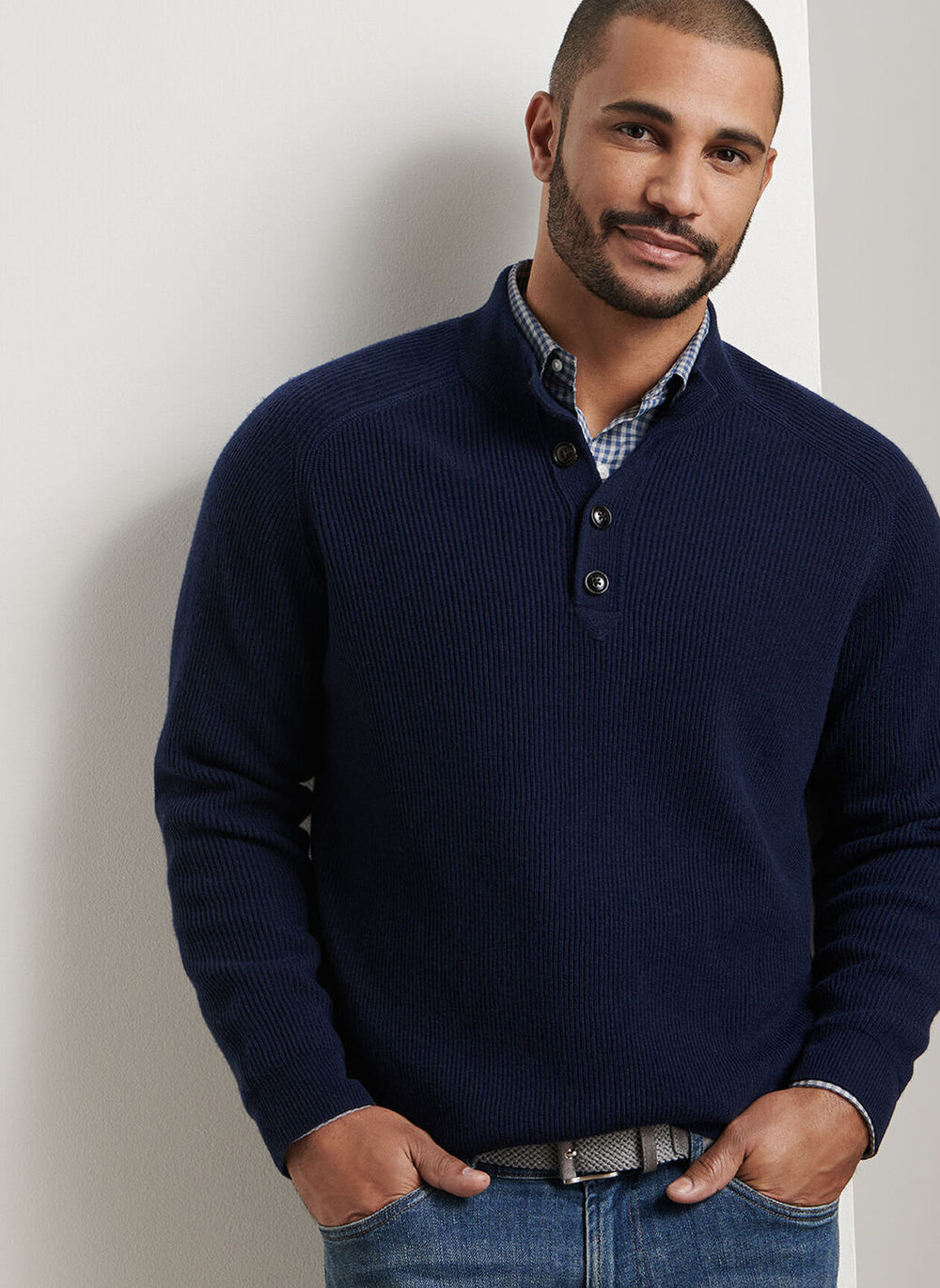 Peter Millar Brant Button Mock Sweater In Navy