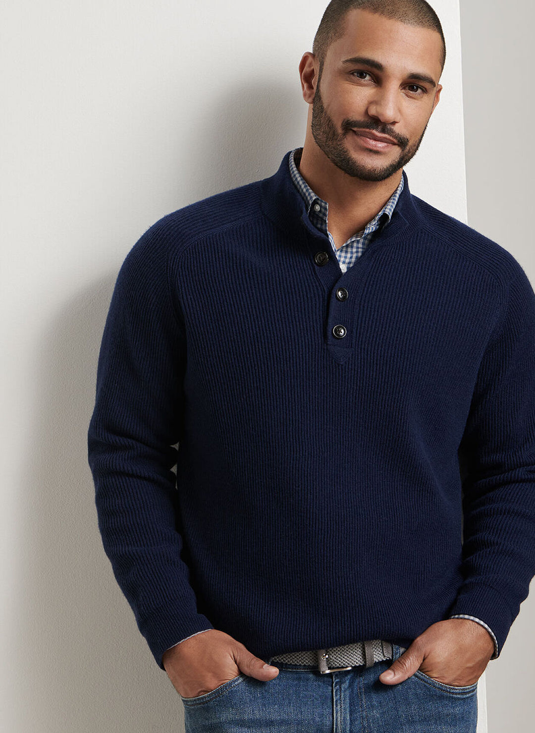 Peter Millar Brant Button Mock Sweater In Navy
