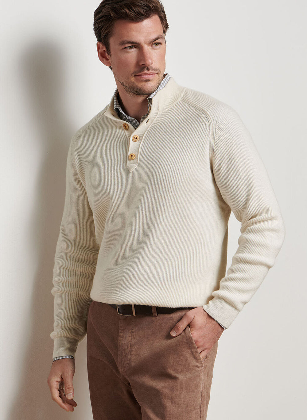Peter Millar Brant Button Mock Sweater In Winter Ivory