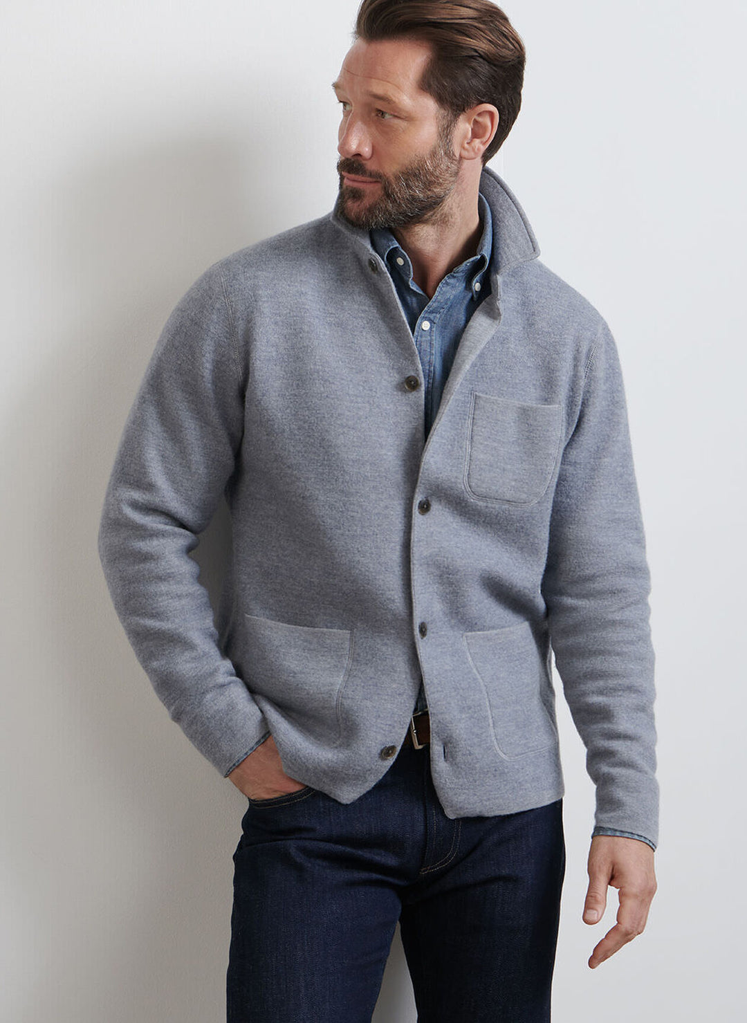 Peter Millar Carson Sweater Chore Coat In Gale Grey