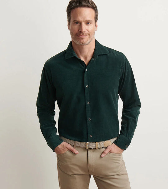 Peter Millar Aspen Cotton Cashmere Corduroy Sport Shirt in Deep Verdant