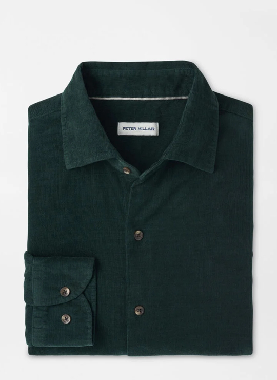 Peter Millar Aspen Cotton Cashmere Corduroy Sport Shirt in Deep Verdant