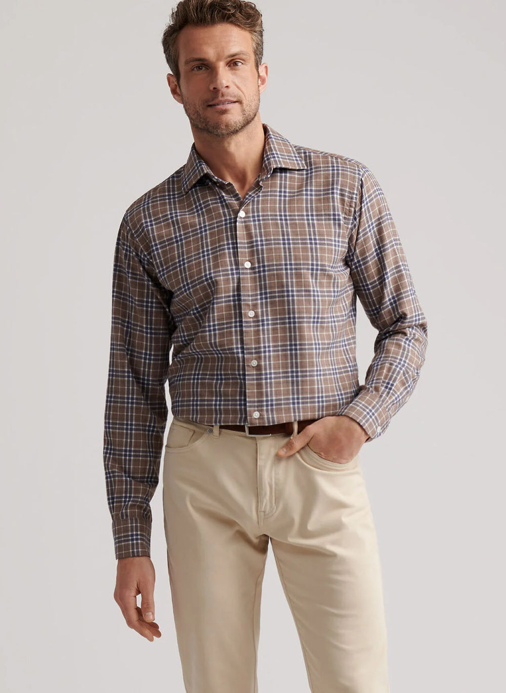 Peter Millar Big Bear Performance Flannel Sport Shirt In Poplar Brown