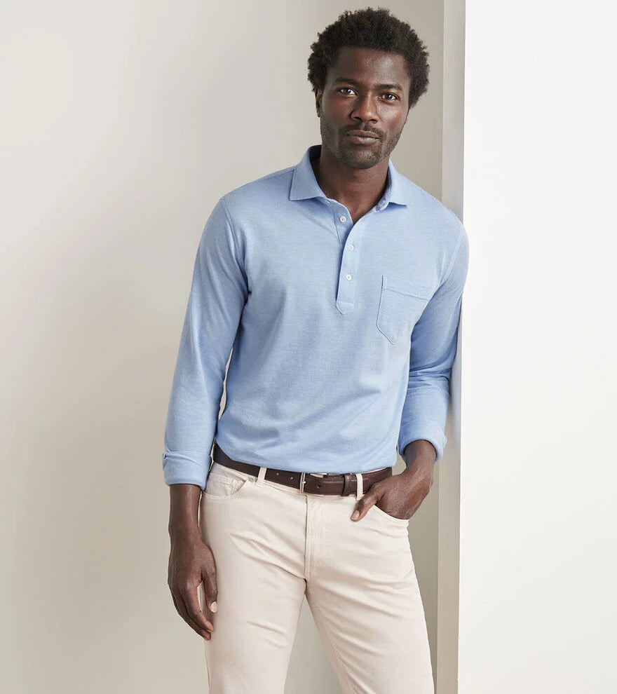 Peter Millar Amble Long-Sleeve Cotton Cashmere Polo In Blue Frost