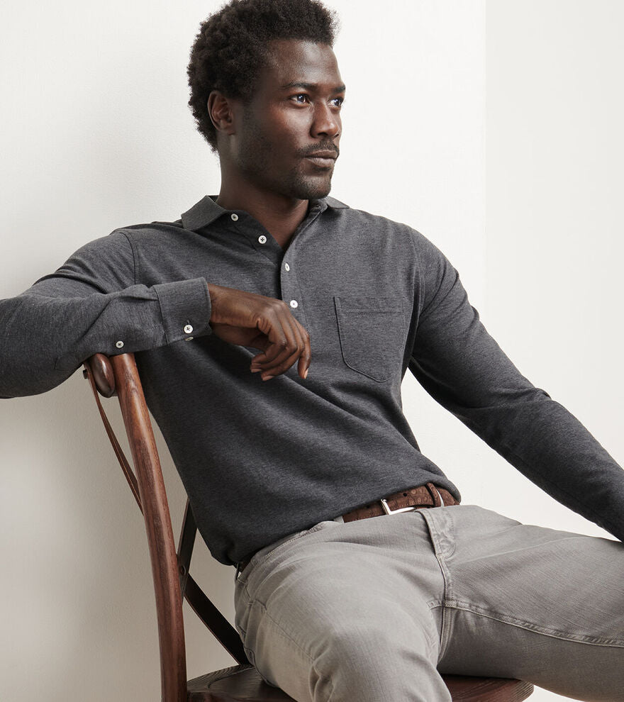 Peter Millar Amble Long-Sleeve Cotton Cashmere Polo In Charcoal