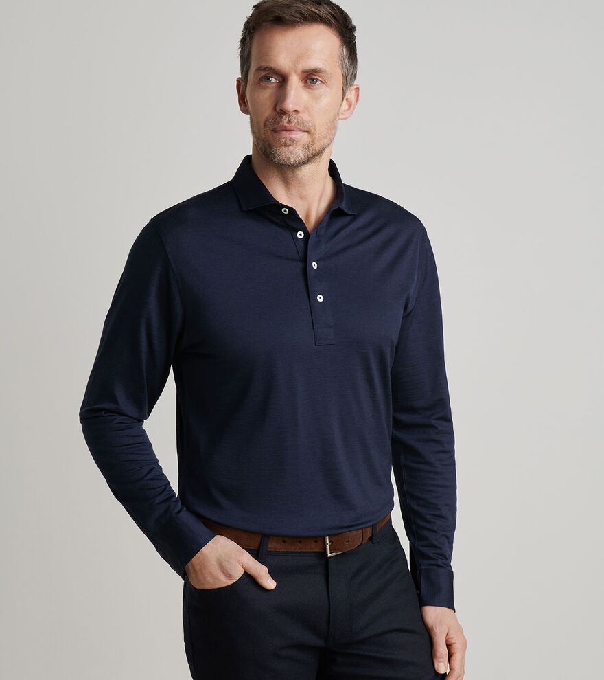 Peter Millar Lawrence Long-Sleeve Wool Polo In Navy