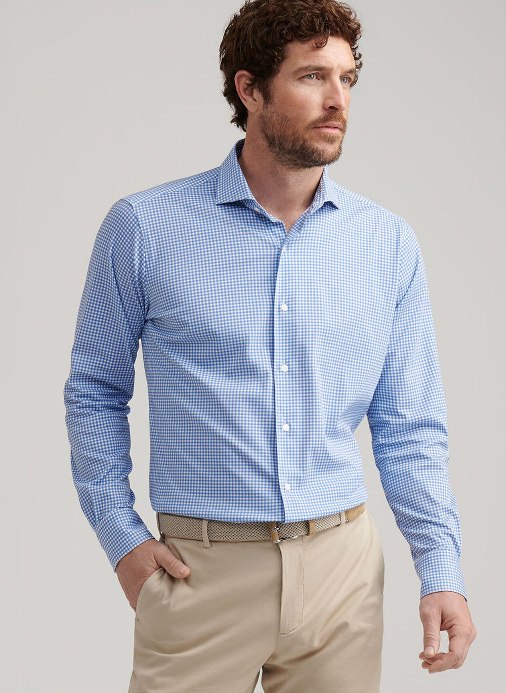 Peter Millar Excursionist Flex Gingham Sport Shirt In Rain Cloud
