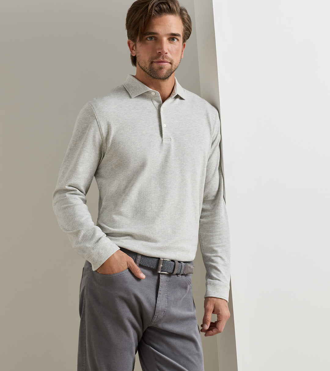 Herringbone Long-Sleeve Polo In Gale Grey