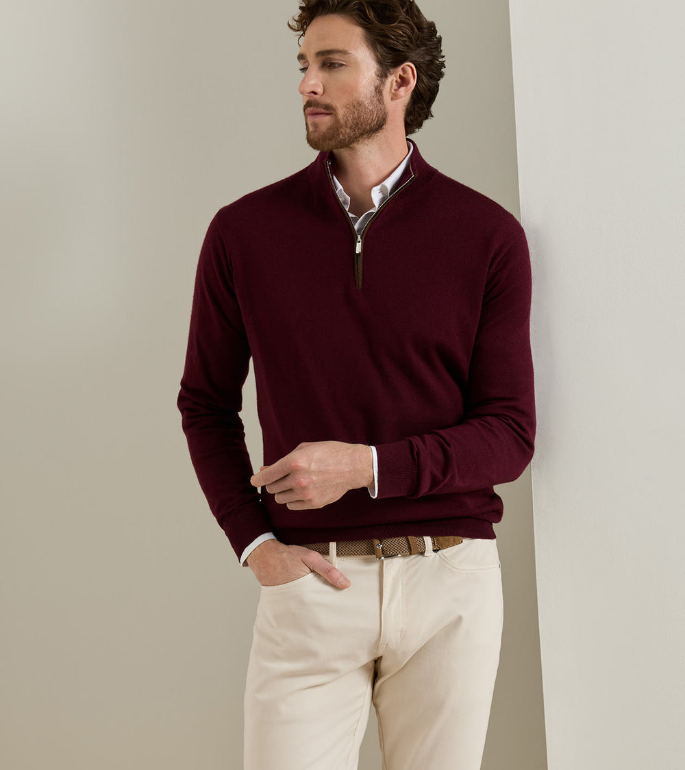 Autumn Crest Suede Trim Quarter-Zip In Bordeaux