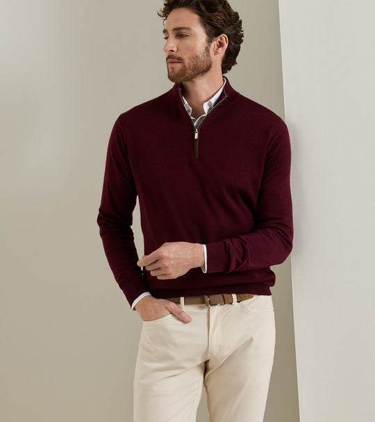 Autumn Crest Suede Trim Quarter-Zip In Bordeaux