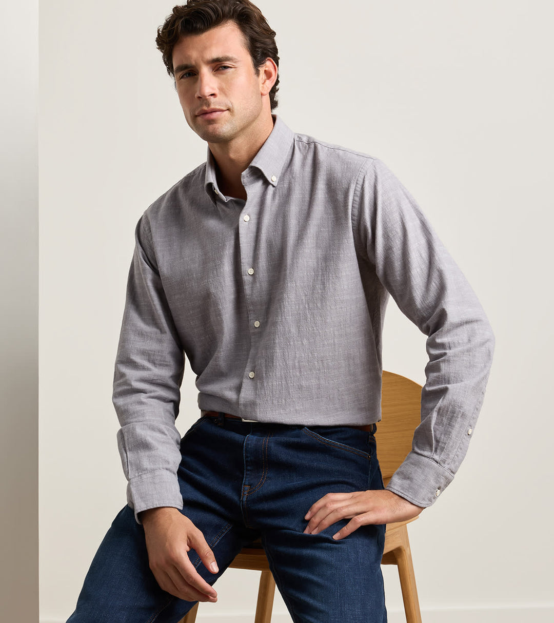 Devonport Chambray Cotton-Stretch Sport Shirt In Gale Grey