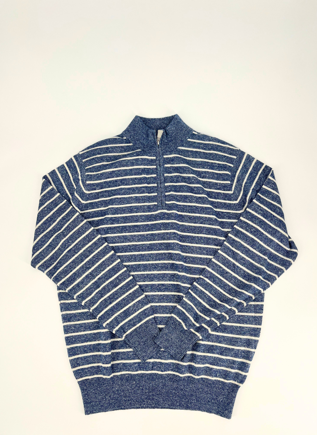 Wells Stripe Linen and Wool Q-Zip in Blue