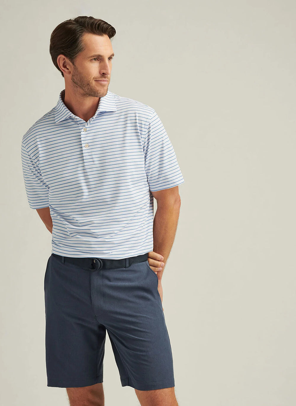 Peter Millar Dunnes Performance Jersey Polo In White/Cottage Blue