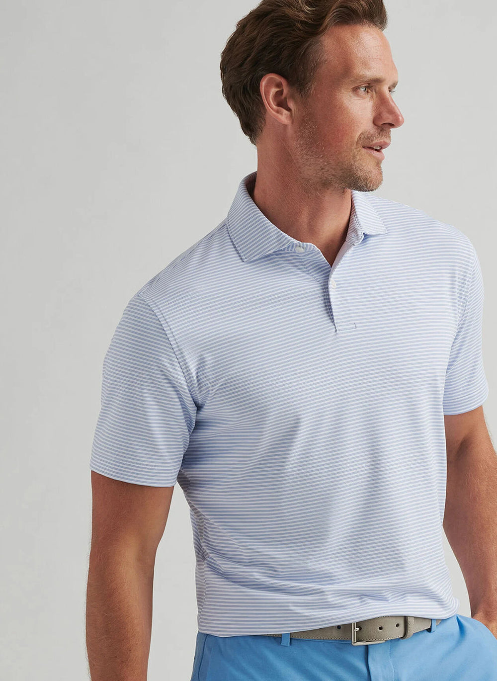 Peter Millar Ambrose Performance Jersey Polo In White/Lavender Moon