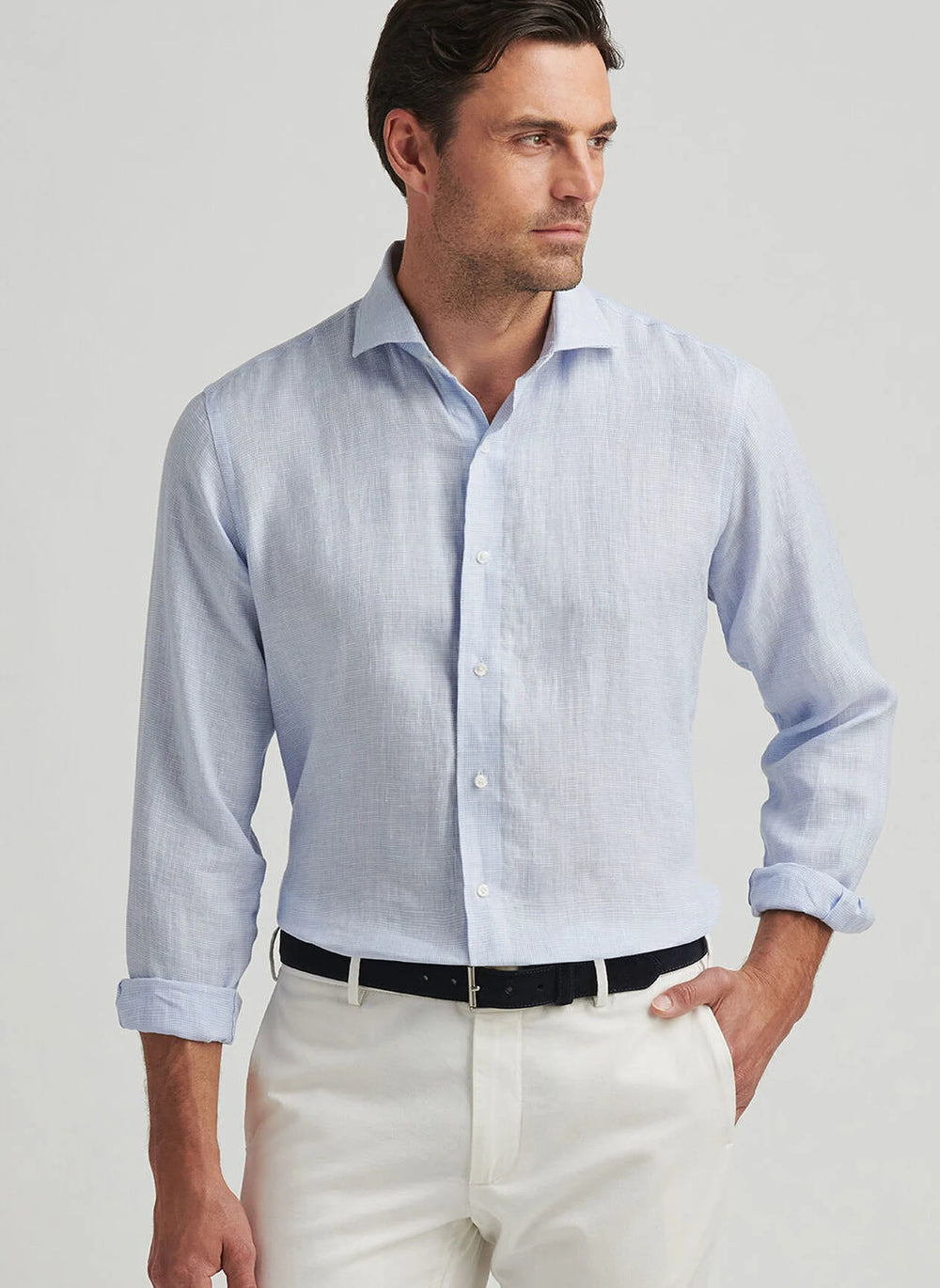Peter Millar Astino Lino Check Sport Shirt in Blue Frost