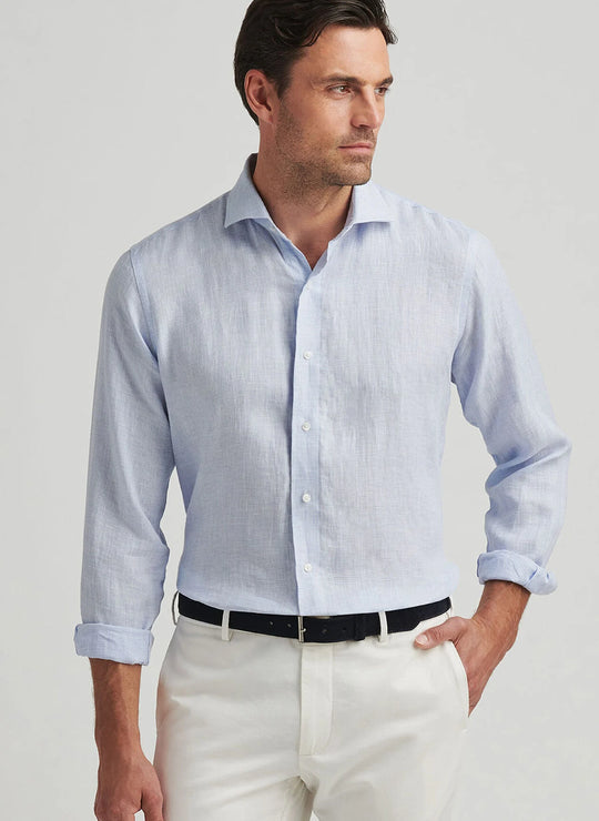 Peter Millar Astino Lino Check Sport Shirt in Blue Frost