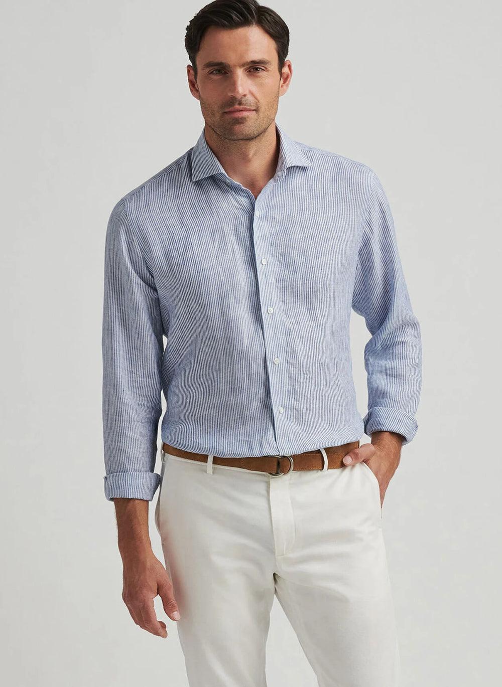 Peter Millar Astino Lino Stripe Sport Shirt in Ocean Blue