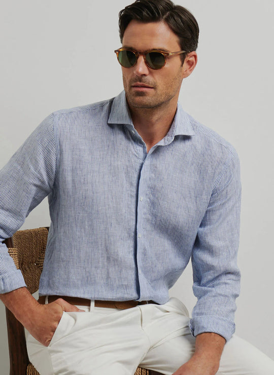 Peter Millar Astino Lino Stripe Sport Shirt in Ocean Blue